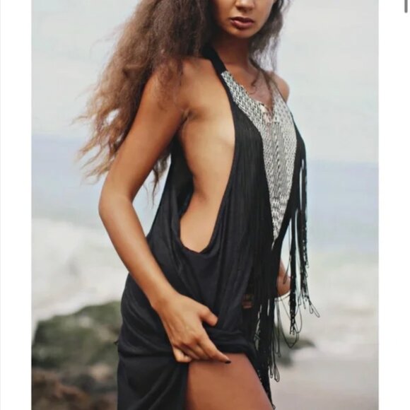 ZHENNYMPH ZHEN NYMPH Tan Black Fringe Tribal Racerback Dreamcatcher Dress S M - Picture 6 of 16